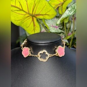 Pink and Gold Clover + Rhinestone Women's Bracelet 8”